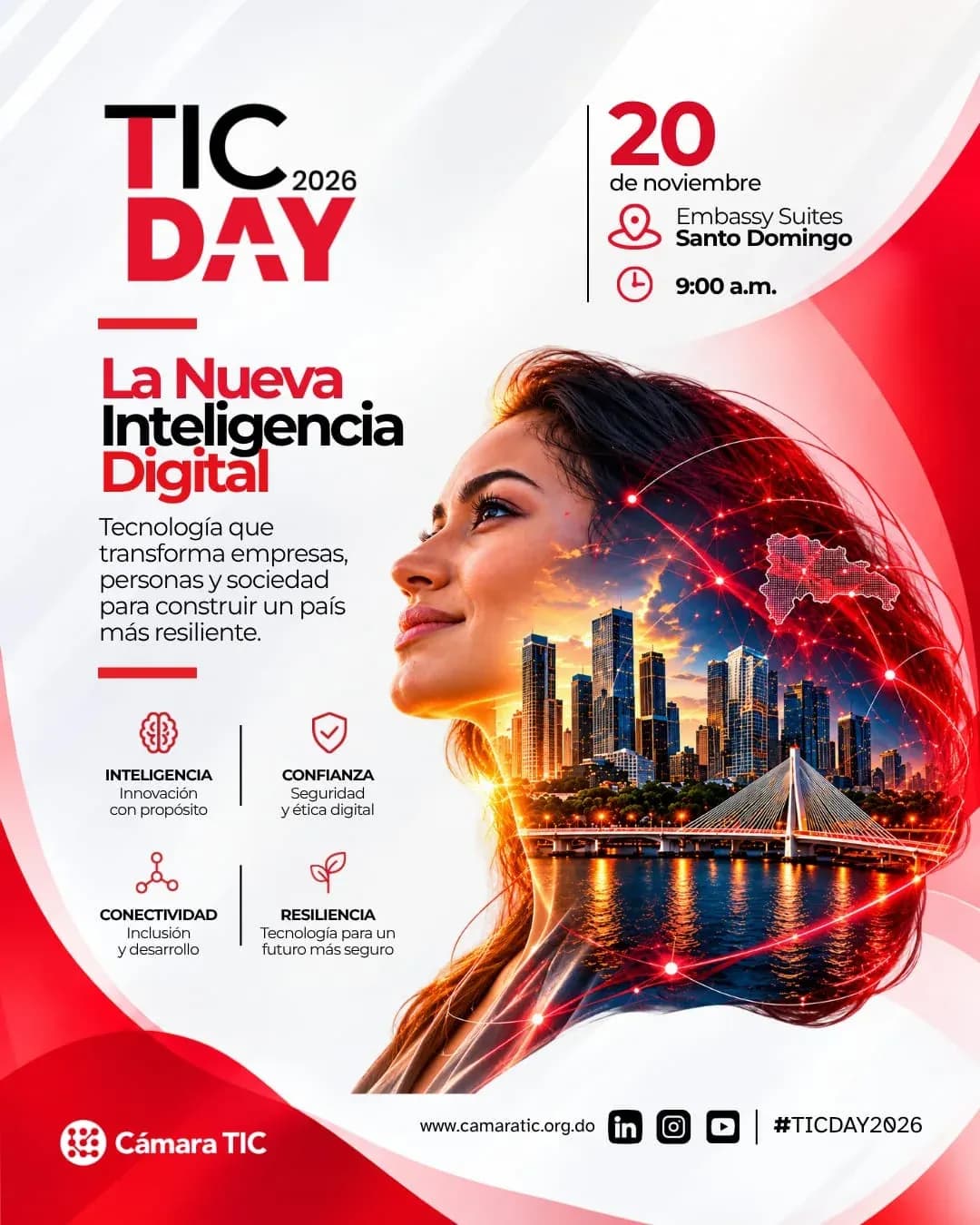 Afiche oficial de TIC DAY 2026, La Nueva Inteligencia Digital: 20 de noviembre, Embassy Suites Santo Domingo, 9:00 a.m., con los pilares Inteligencia, Confianza, Conectividad y Resiliencia