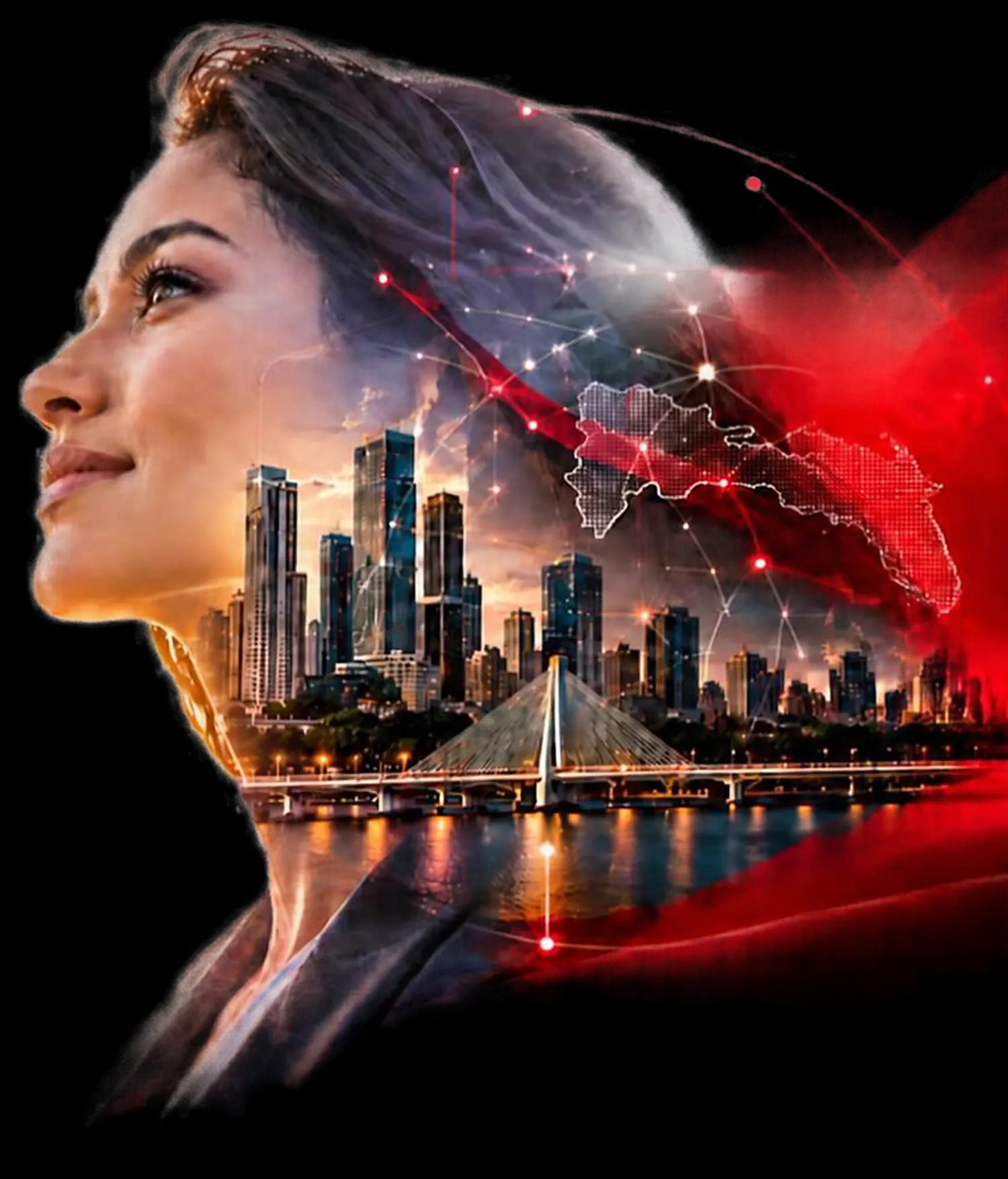 TIC DAY 2026: el perfil de una mujer mirando al futuro, con el horizonte de Santo Domingo y el mapa de República Dominicana en una red de luces rojas